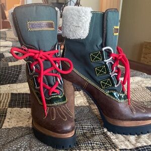 D’Squared Brown and Green Heeled Boots with Chunky Rubber Sole